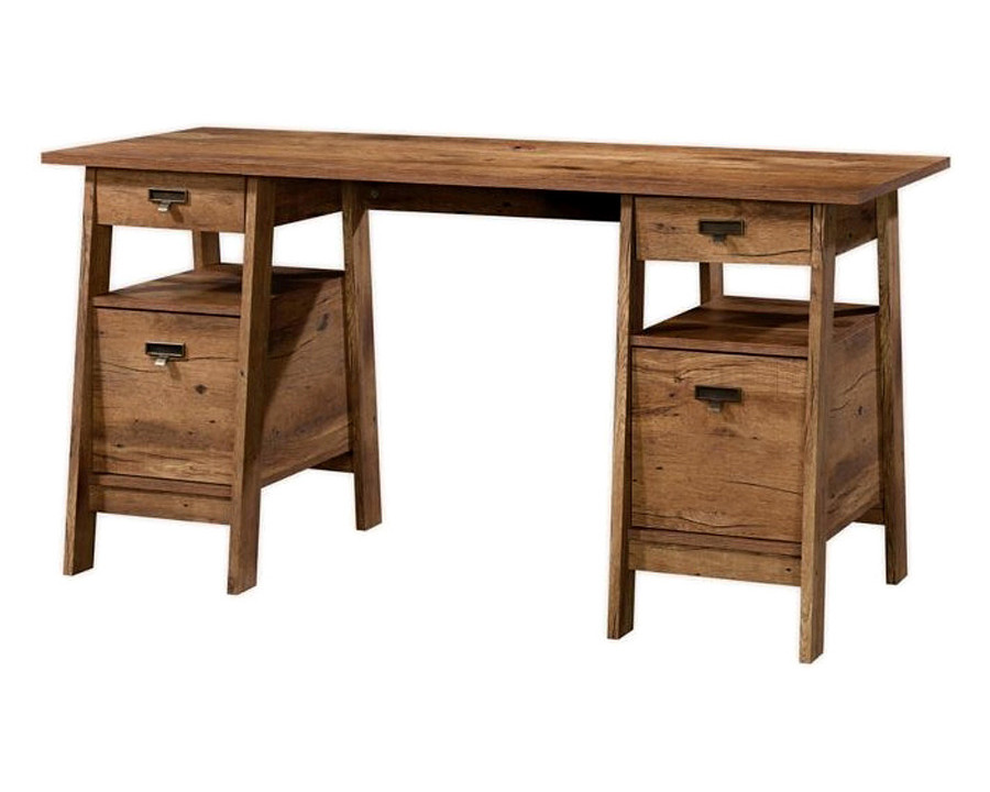 FaFurn Farmhouse Executive Desk with Filing Cabinets Storage - Rustic Oak