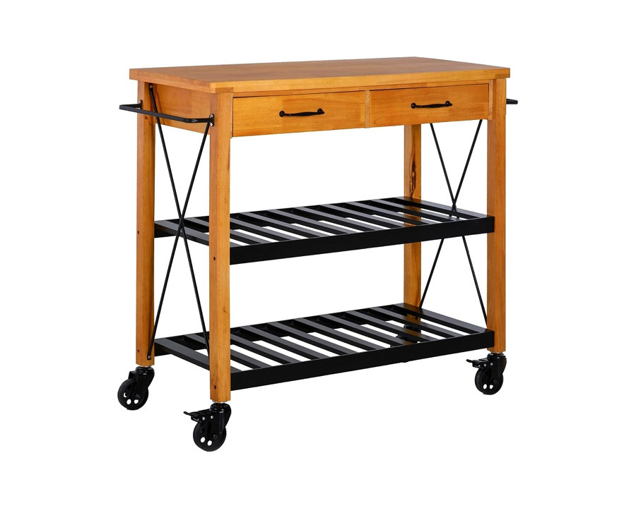 FaFurn - Farmhouse Rolling Kitchen Island 2 Drawers Storage with Butcher Block Rubberwood Top