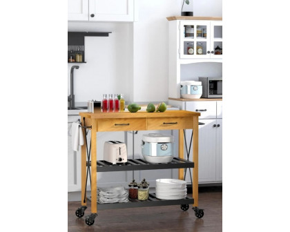 FaFurn - Farmhouse Rolling Kitchen Island 2 Drawers Storage with Butcher Block Rubberwood Top