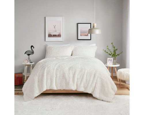 FaFurn 3-Piece Reversible Full/Queen Size Comforter Set - Ivory, Soft Sherpa Faux Fur