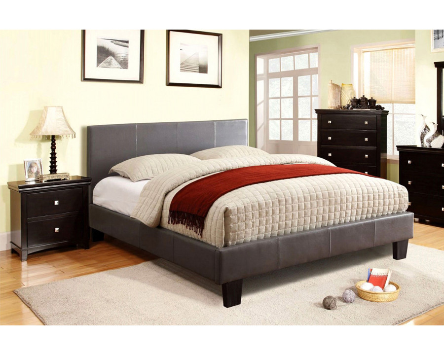 FaFurn - Queen Size Platform Bed with Headboard Upholstered in Gray Faux Leather