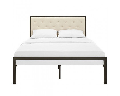 FaFurn Full Size Platform Bed Frame with Button Tufted Headboard - Beige, Metal