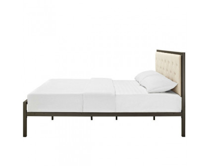 FaFurn Full Size Platform Bed Frame with Button Tufted Headboard - Beige, Metal