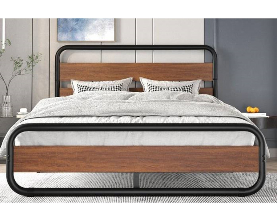 FaFurn Heavy Duty Round Metal Frame Platform Bed with Wood Panel Headboard - Black/Wood, Full Size