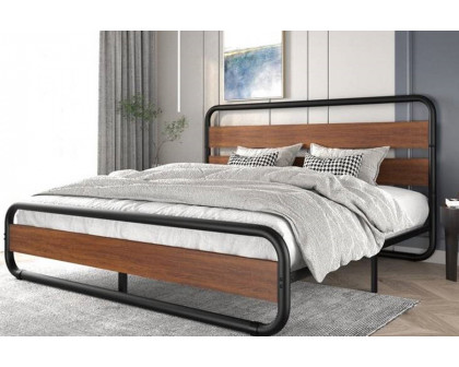 FaFurn Heavy Duty Round Metal Frame Platform Bed with Wood Panel Headboard - Black/Wood, Full Size