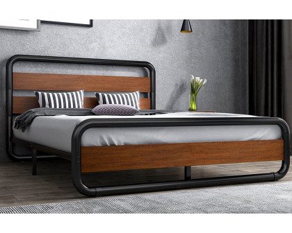 FaFurn - Heavy Duty Round Metal Frame Platform Bed with Wood Panel Headboard