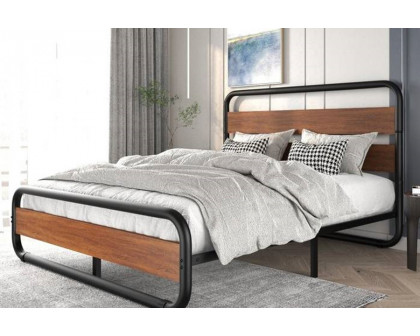 FaFurn Heavy Duty Round Metal Frame Platform Bed with Wood Panel Headboard - Black/Wood, Full Size