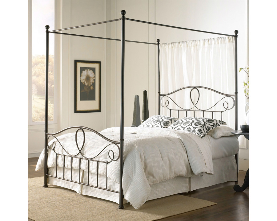 FaFurn - Full Size Canopy Bed Frame with Scroll-work and Ball Finials in Metal