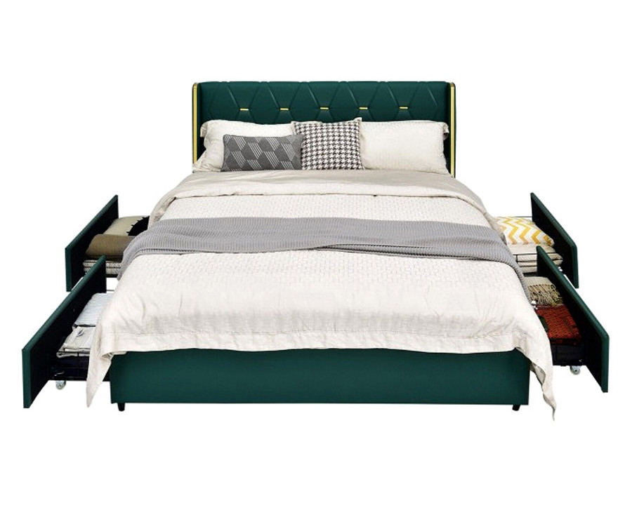 FaFurn Linen Headboard 4 Drawer Storage Platform Bed - Green/Gold, Full Size