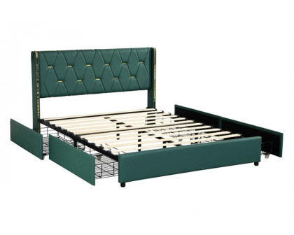 FaFurn Linen Headboard 4 Drawer Storage Platform Bed - Green/Gold, Full Size