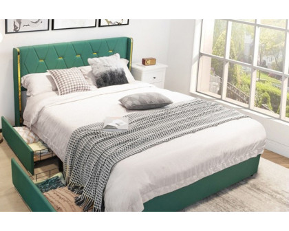 FaFurn Linen Headboard 4 Drawer Storage Platform Bed - Green/Gold, Full Size