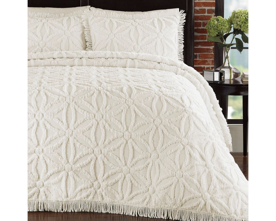 FaFurn - Full Size Bedspread Set with Flower of Life Pattern and Fringe Edge in Ivory, Cotton