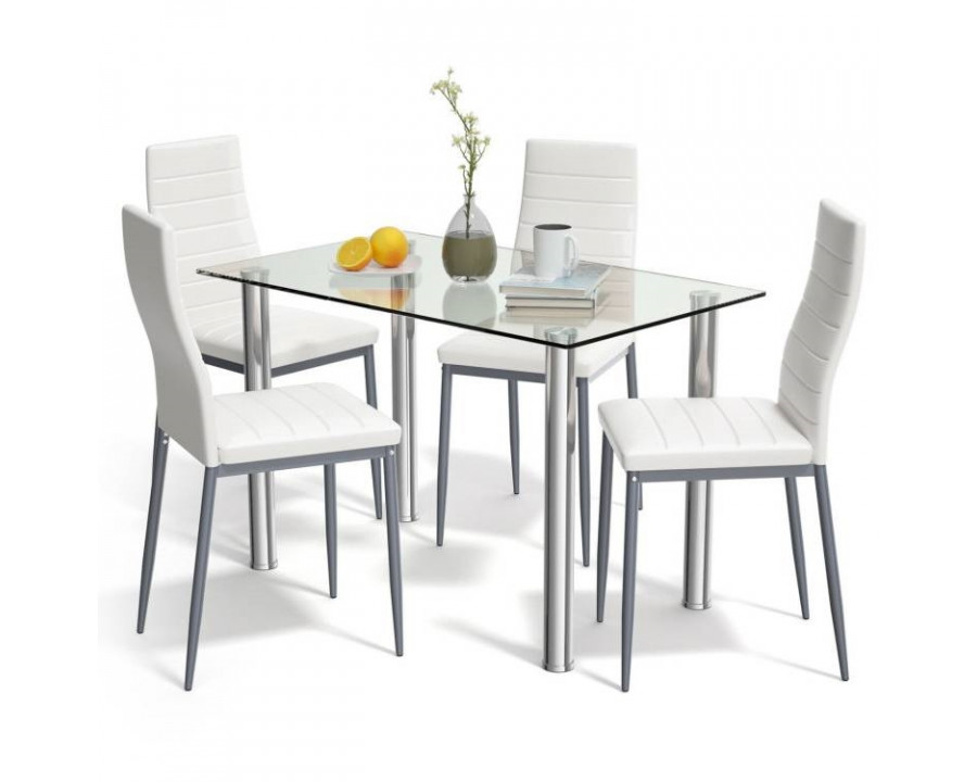 FaFurn - 5-Piece Modern Dining Set with Table and 4 PVC Leather Chairs in White, Steel