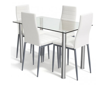 FaFurn - 5-Piece Modern Dining Set with Table and 4 PVC Leather Chairs in White, Steel