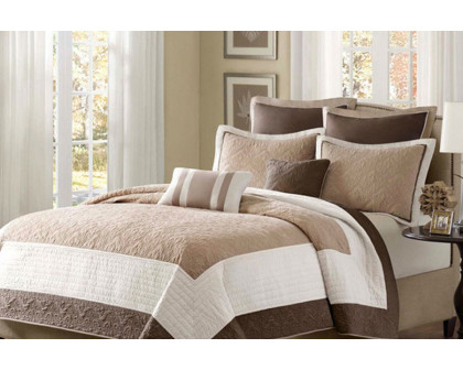 FaFurn - Brown Ivory Tan Cream 7 Piece Quilt Coverlet Bedspread Set