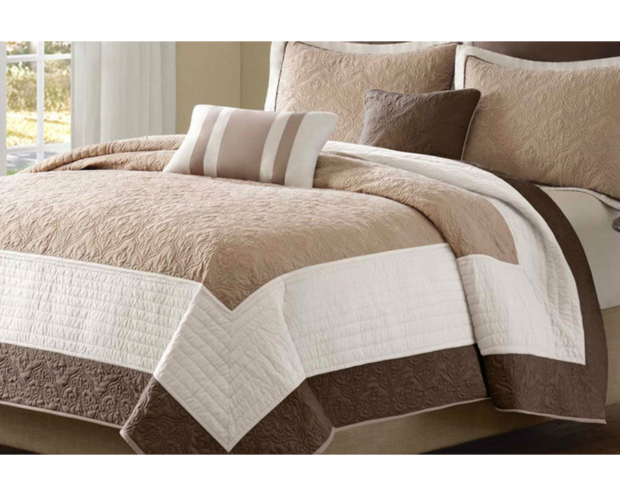 FaFurn Brown Ivory Tan Cream 7 Piece Quilt Coverlet Bedspread Set - Full/Queen Size