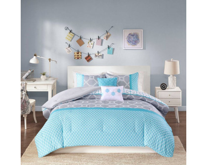 FaFurn 5-Piece Full/Queen Size Comforter Set - Teal Blue/Gray