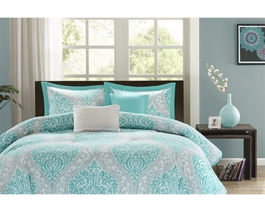 FaFurn Comforter Set in Damask Print - Aqua Blue, Full/Queen Size