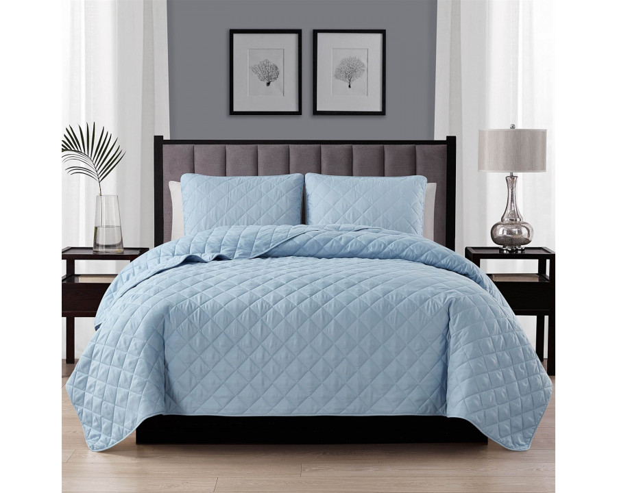 FaFurn 3-Piece Full/Queen Size Reversible Quilt Set - Light Blue, Microfiber