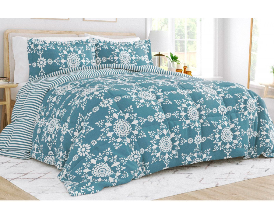 FaFurn - 3-Piece Striped Floral Reversible Comforter Set (BLWHCS5239714)