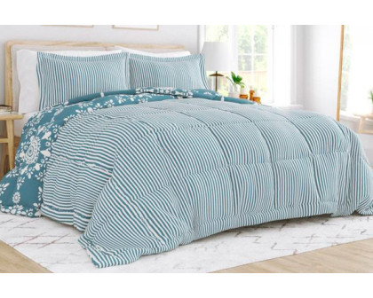 FaFurn - 3-Piece Striped Floral Reversible Comforter Set (BLWHCS5239714)