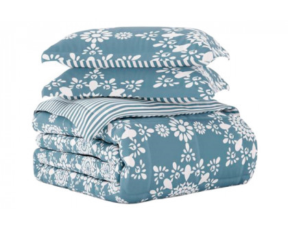 FaFurn Full/Queen Size 3-Piece Striped Floral Reversible Comforter Set - Blue/White, Microfiber/Polyester