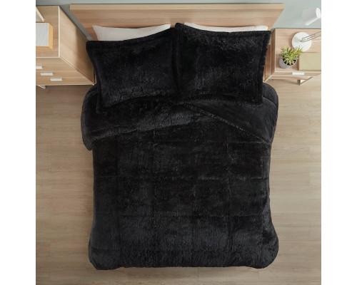 FaFurn 3-Piece Full/Queen Size Comforter Set with Pillow Shams - Black, Soft Sherpa Faux Fur