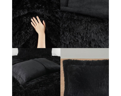 FaFurn 3-Piece Full/Queen Size Comforter Set with Pillow Shams - Black, Soft Sherpa Faux Fur