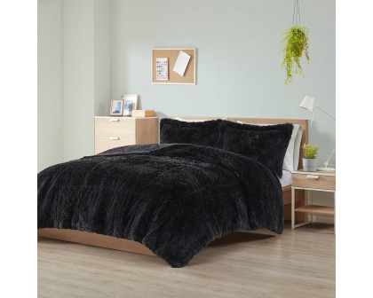 FaFurn 3-Piece Full/Queen Size Comforter Set with Pillow Shams - Black, Soft Sherpa Faux Fur