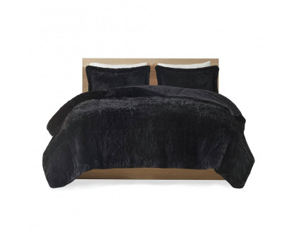 FaFurn 3-Piece Full/Queen Size Comforter Set with Pillow Shams - Black, Soft Sherpa Faux Fur