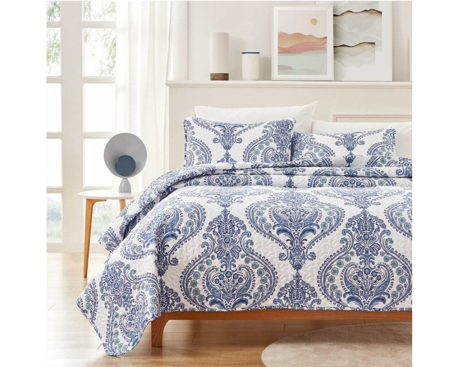 FaFurn - Full/Queen Size Reversible Quilt Set in Blue/White, Microfiber