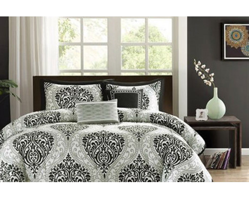 FaFurn Comforter Set in Damask Print - Black, Full/Queen Size