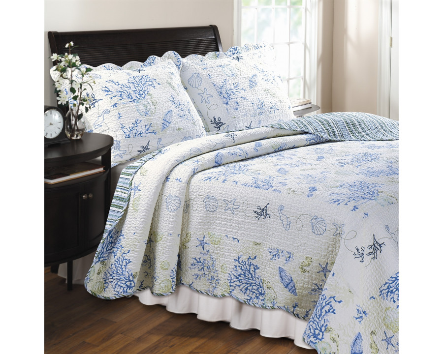 FaFurn - Full/Queen Size Quilt Set in Blue/Coral, Cotton