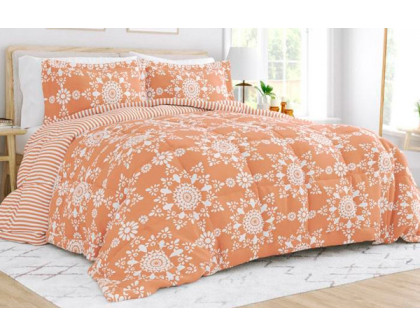 FaFurn Full/Queen Size 3-Piece Striped Floral Reversible Comforter Set - Clay/White, Microfiber/Polyester