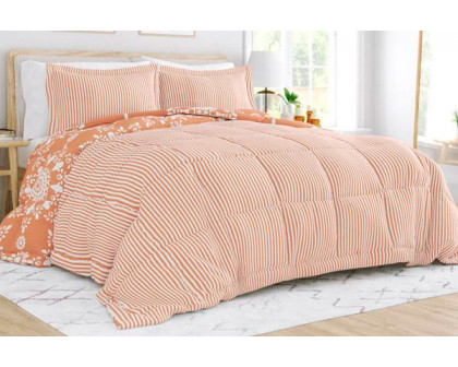 FaFurn Full/Queen Size 3-Piece Striped Floral Reversible Comforter Set - Clay/White, Microfiber/Polyester