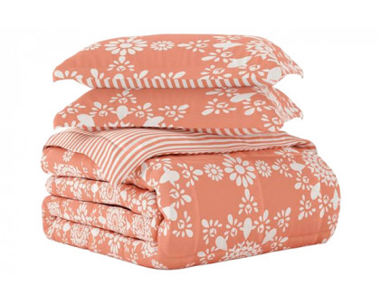 FaFurn Full/Queen Size 3-Piece Striped Floral Reversible Comforter Set - Clay/White, Microfiber/Polyester