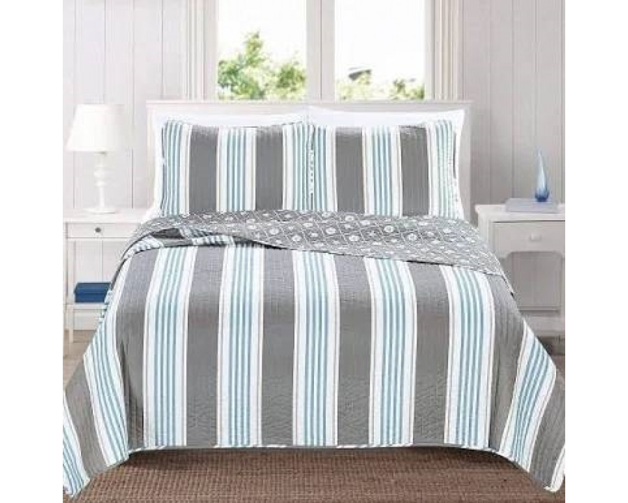 FaFurn 3-Piece Full/Queen Size Quilt Set - Gray/Blue/White