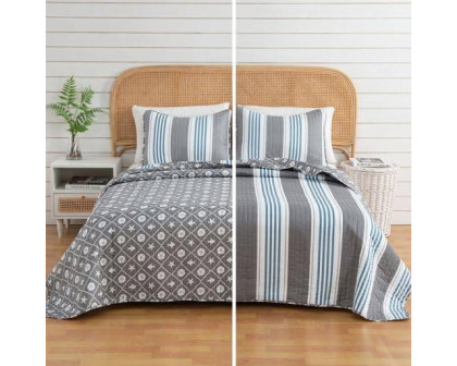 FaFurn 3-Piece Full/Queen Size Quilt Set - Gray/Blue/White