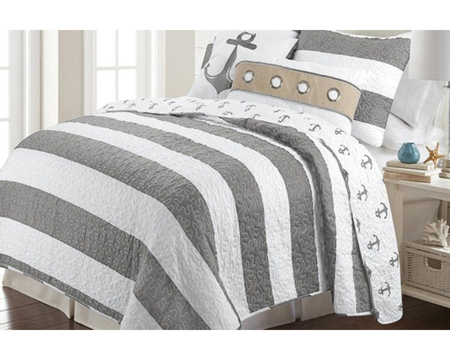 FaFurn 3 Piece Nautical Stripped/Anchors Reversible Microfiber Quilt Set - Gray, Full/Queen Size