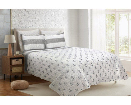 FaFurn 3 Piece Nautical Stripped/Anchors Reversible Microfiber Quilt Set - Gray, Full/Queen Size