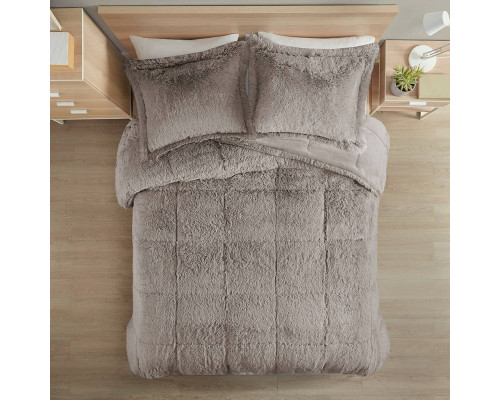 FaFurn 3-Piece Full/Queen Size Comforter Set with Pillow Shams - Gray, Soft Sherpa Faux Fur