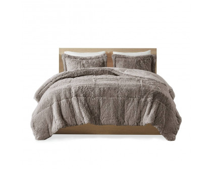 FaFurn 3-Piece Full/Queen Size Comforter Set with Pillow Shams - Gray, Soft Sherpa Faux Fur