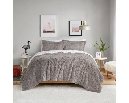 FaFurn 3-Piece Reversible Full/Queen Size Comforter Set - Gray, Soft Sherpa Faux Fur