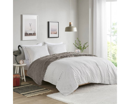 FaFurn 3-Piece Reversible Full/Queen Size Comforter Set - Gray, Soft Sherpa Faux Fur