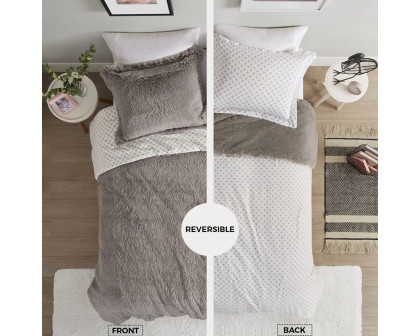 FaFurn 3-Piece Reversible Full/Queen Size Comforter Set - Gray, Soft Sherpa Faux Fur