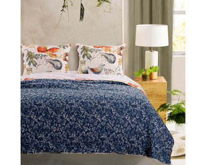 FaFurn Full/Queen Size Floral Reversible Quilt Set - Blue/Beige, Microfiber