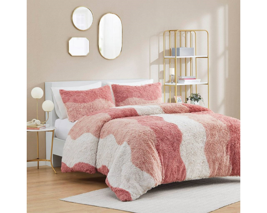 FaFurn - 3-Piece Reversible Full/Queen Size Comforter Set in Pink/White, Soft Sherpa Faux Fur