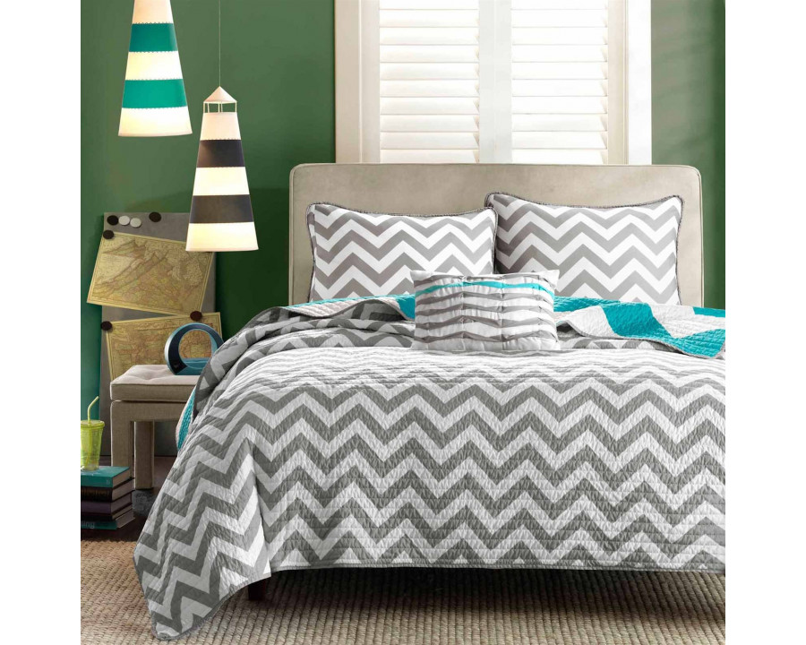 FaFurn - 3-Piece Full/Queen Size Reversible Quilt Set in Gray/White