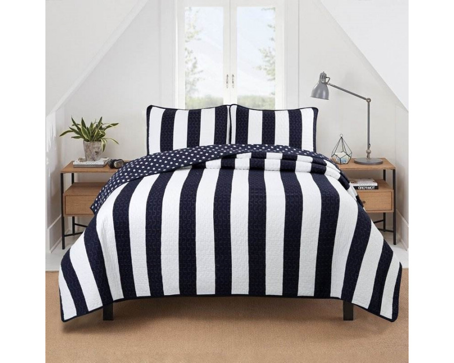 FaFurn 3-Piece Full/Queen Size Reversible Stars Quilt Set - Navy Blue/White, Cotton