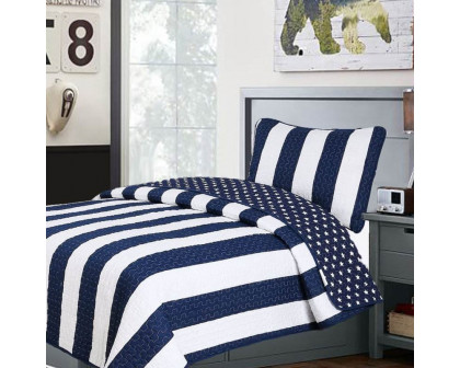 FaFurn 3-Piece Full/Queen Size Reversible Stars Quilt Set - Navy Blue/White, Cotton